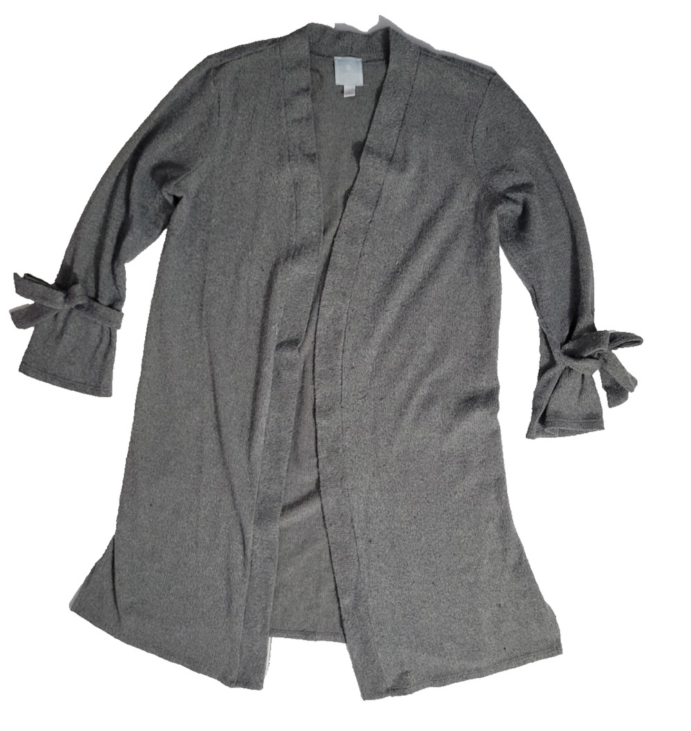 Sunday Womens L Gray Open Front Duster Cardigan Tie Cuff Long Sleeve Knit